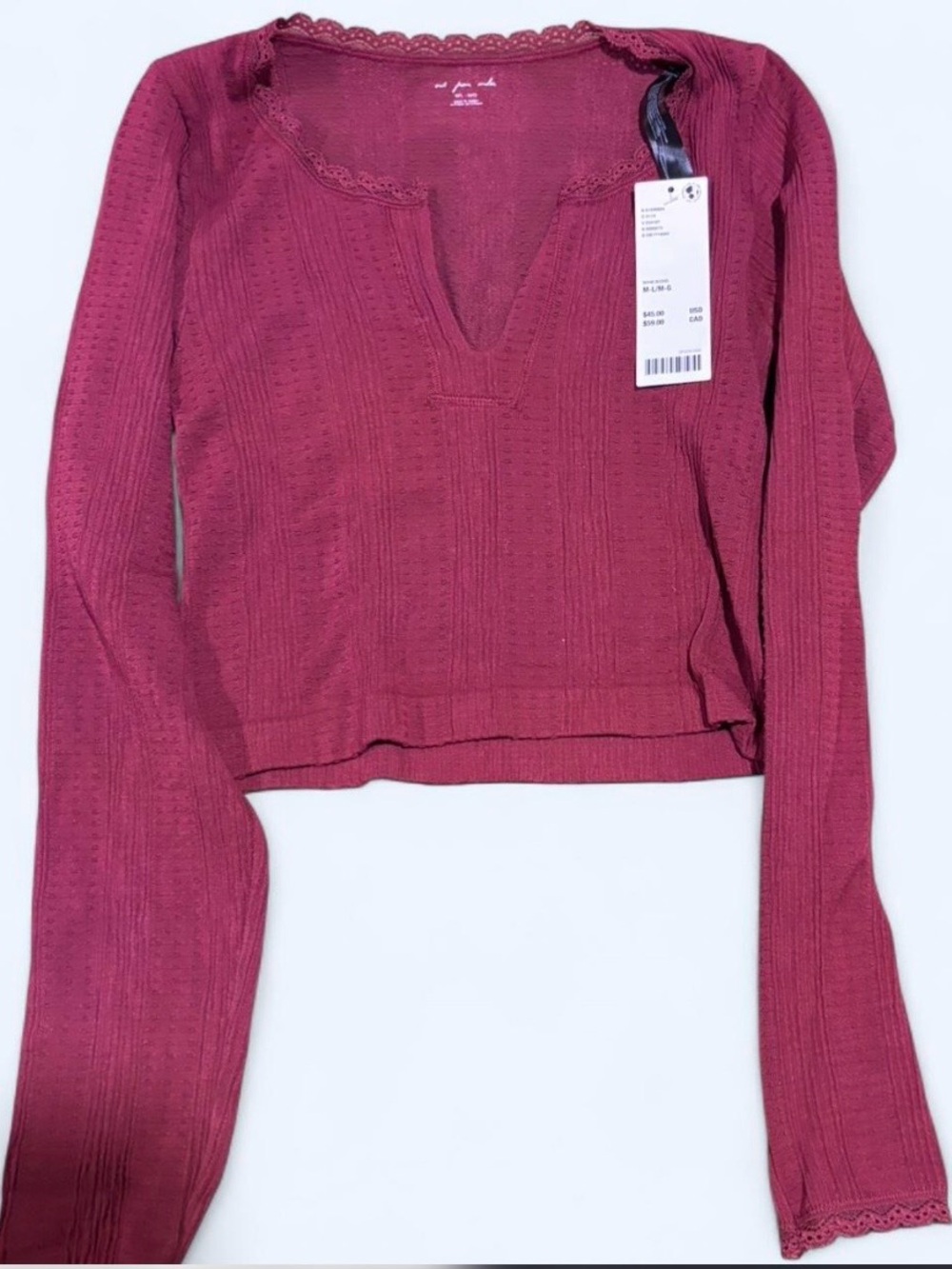 Urban Outfitters Ribbed Lace-Trim V-Neck Crop Top - Burgundy